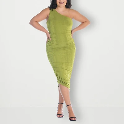 24seven Comfort Apparel Womens Plus Midi Asymmetrical Neck Sleeveless Casual Bodycon Dress
