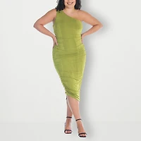 24seven Comfort Apparel Womens Plus Midi Asymmetrical Neck Sleeveless Casual Bodycon Dress