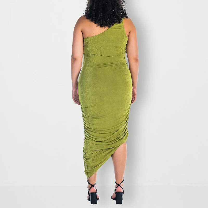 24seven Comfort Apparel Womens Plus Midi Asymmetrical Neck Sleeveless Casual Bodycon Dress