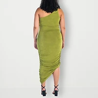 24seven Comfort Apparel Womens Plus Midi Asymmetrical Neck Sleeveless Casual Bodycon Dress