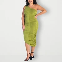 24seven Comfort Apparel Womens Plus Midi Asymmetrical Neck Sleeveless Casual Bodycon Dress