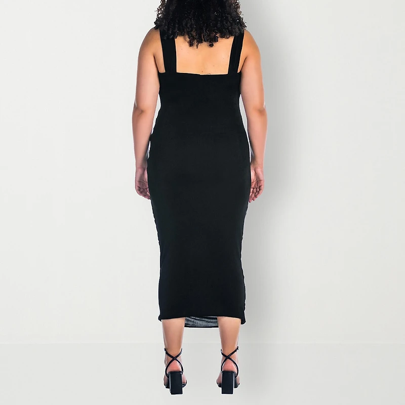 24seven Comfort Apparel Womens Plus Midi V Neck Sleeveless Casual Bodycon Dress