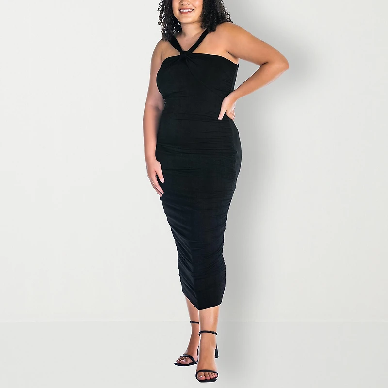 24seven Comfort Apparel Womens Plus Midi V Neck Sleeveless Casual Bodycon Dress