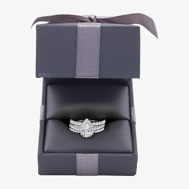 (H-I / I1) Womens 2 CT. T.W. Lab Grown White Diamond 10K Gold Pear Side Stone Halo Bridal Set