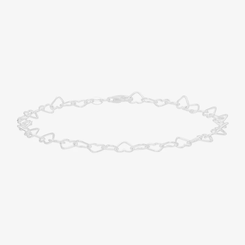 Made in Italy Womens Sterling Silver 9 1/2 Inch Solid Link Heart Ankle Bracelet