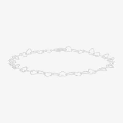 Made in Italy Womens Sterling Silver 9 1/2 Inch Solid Link Heart Ankle Bracelet