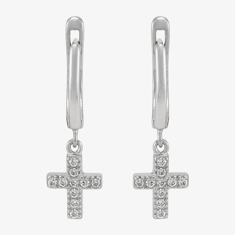 Diamonart Cross Womens Lab Created White Cubic Zirconia Sterling Silver Cross Drop Earrings