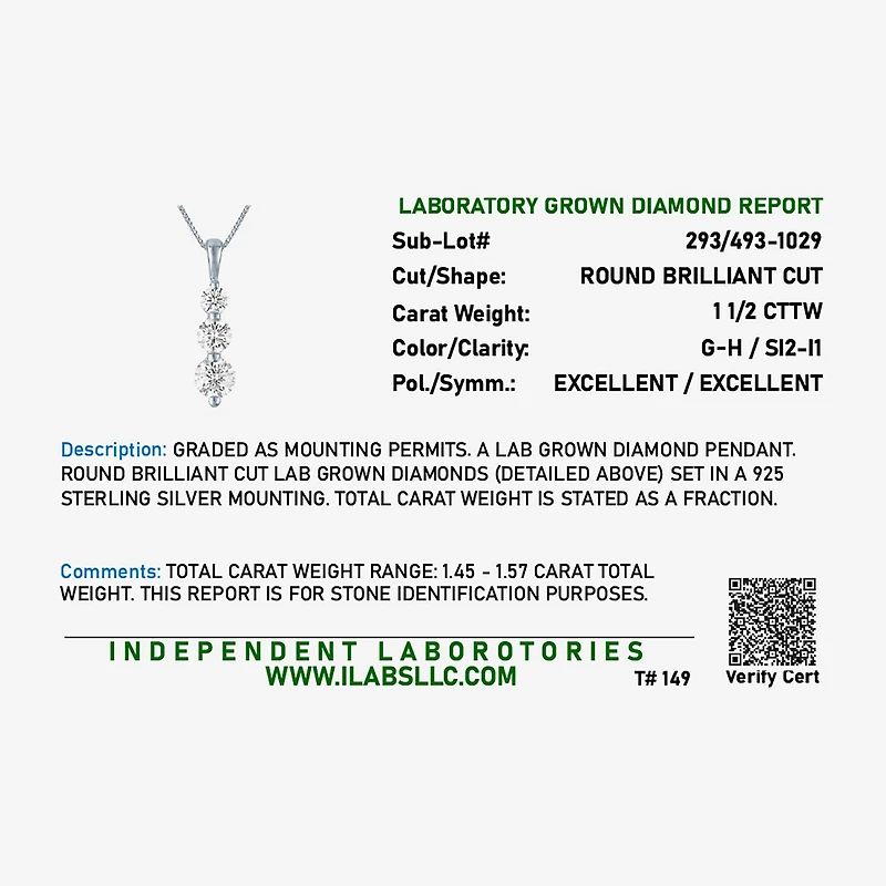 (G-H/Si2-I1) Womens 1 1/2 CT. T.W. Lab Grown White Diamond Sterling Silver 18 Inch Pendant Necklace