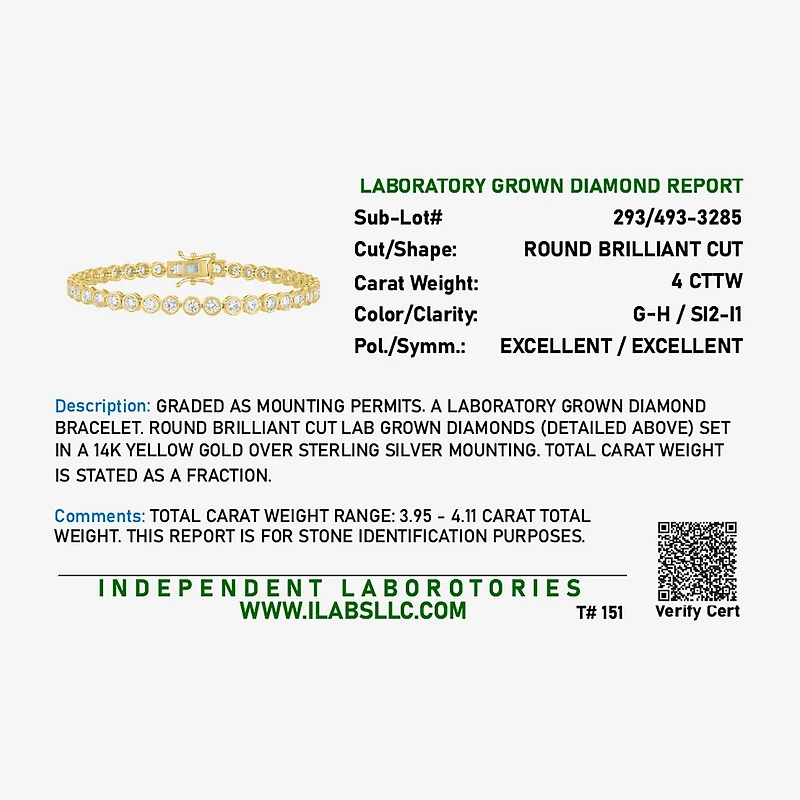 Diamond Addiction (G-H, Si2-I1) Womens 4 CT. T.W. Lab Grown White Diamond 14K Gold Over Silver 7.25 Inch Tennis Bracelet