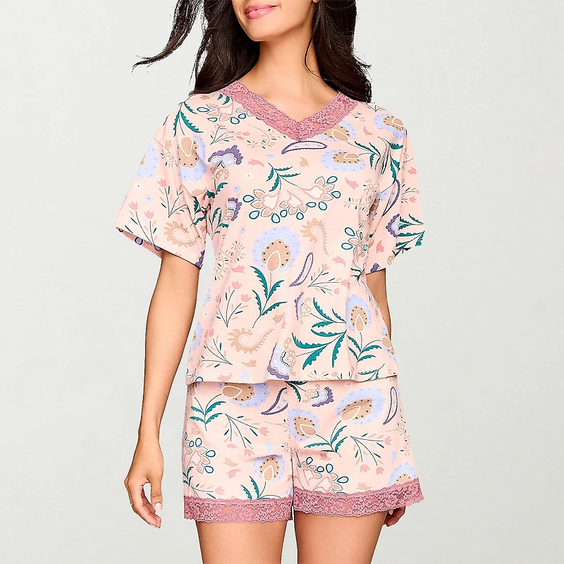 Ilusion Womens Round Neck Short Sleeve 2-pc. Pajama Set