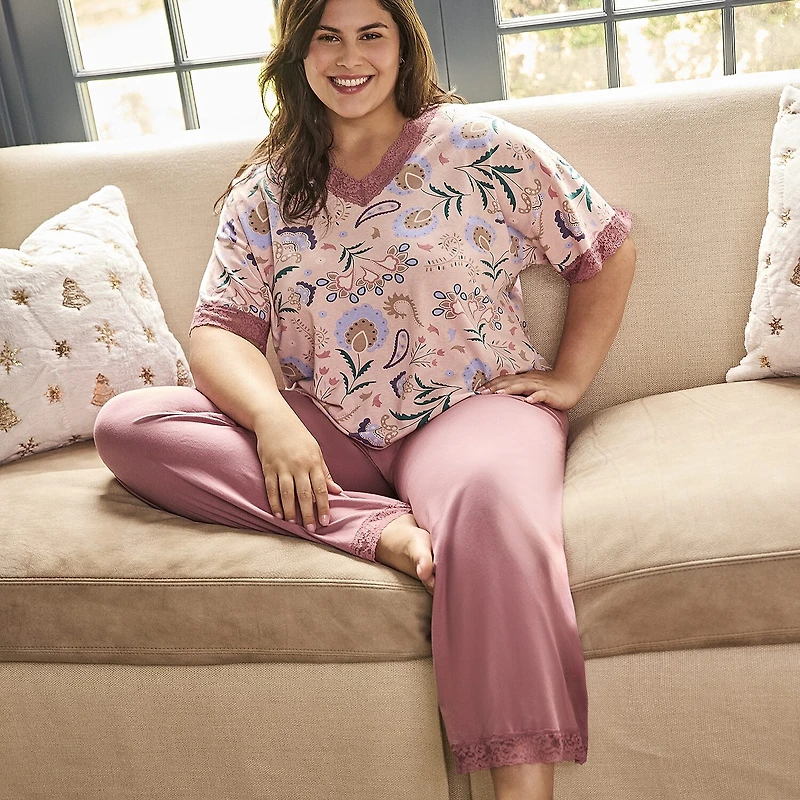 Ilusion Womens Round Neck Short Sleeve 2-pc. Pajama Set