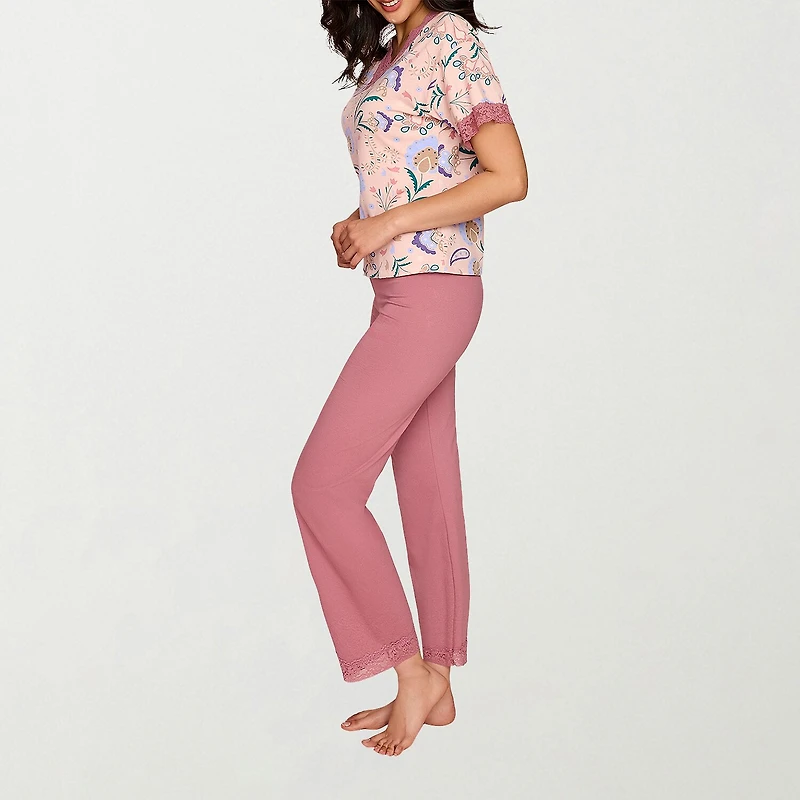 Ilusion Womens Round Neck Short Sleeve 2-pc. Pajama Set