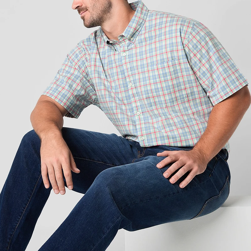St. John's Bay Stetch Poplin Mens Short Sleeve Classic Fit Stretch Fabric Big and Tall Button-Down Shirt