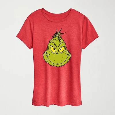 Grinch Face Womens Crew Neck Short Sleeve Regular Fit Graphic T-Shirt