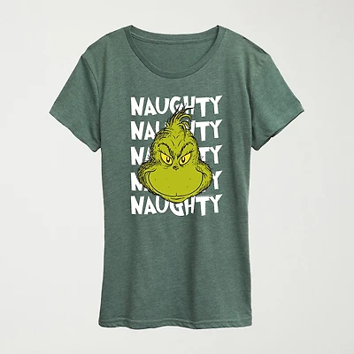Naughty Grinch Womens Crew Neck Short Sleeve Regular Fit Graphic T-Shirt