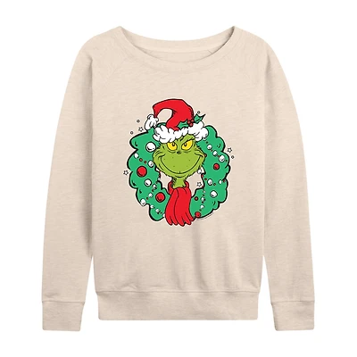 Grinch Wreath Womens Round Neck Long Sleeve Regular Fit Graphic T-Shirt