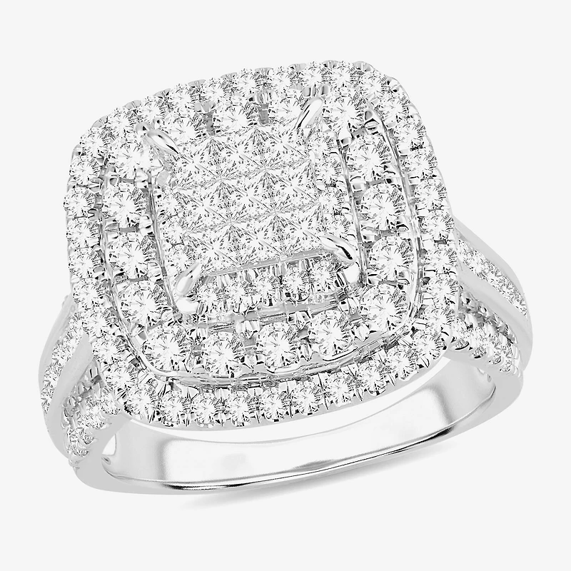 Womens /2 CT. T.W. Natural White Diamond 10K Gold Cushion Side Stone Halo Engagement Ring