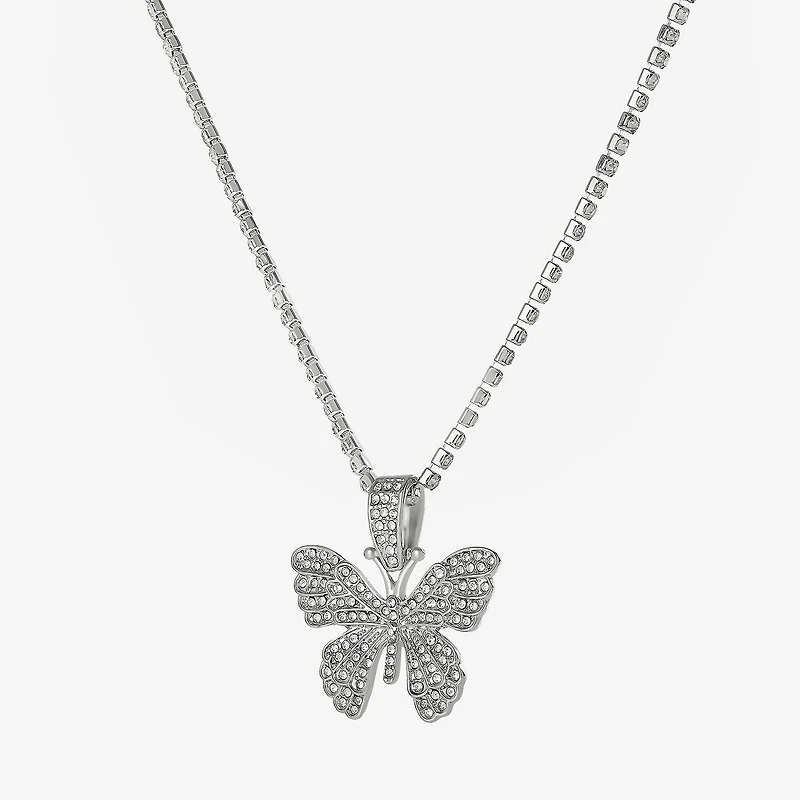 JS Jessica Simpson Silver Tone Womens Crystal Alloy Butterfly 18 1/2 Inch Pendant Necklace