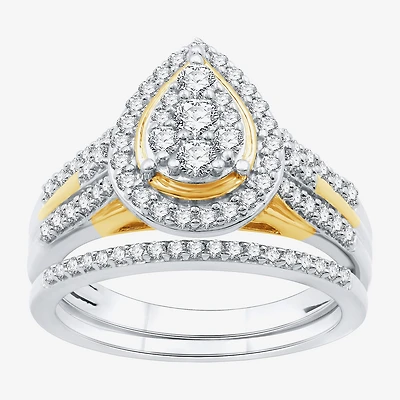 (H-I/I1) Womens 3/4 CT. T.W. Lab Grown White Diamond 14K Two Tone Gold Over Silver Pear Side Stone Halo Bridal Set