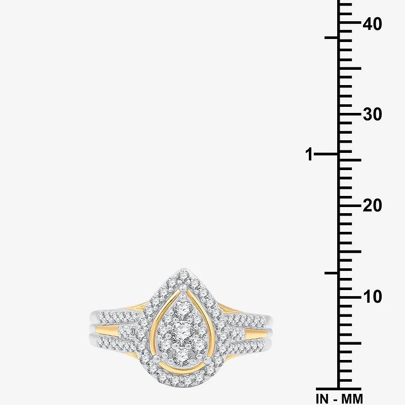 (H-I/I1) Womens 3/4 CT. T.W. Lab Grown White Diamond 14K Two Tone Gold Over Silver Pear Side Stone Halo Bridal Set