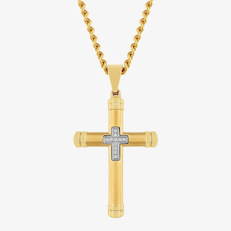 Mens Genuine White Diamond Stainless Steel Cross Rectangular Pendant