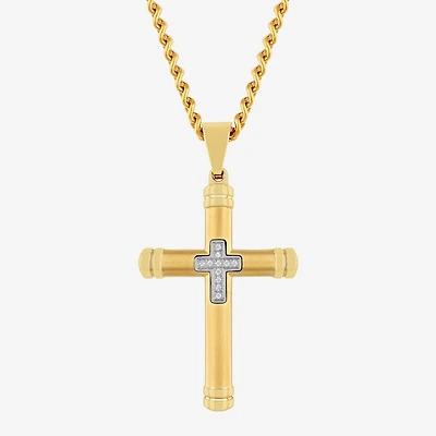 Mens Genuine White Diamond Stainless Steel Cross Rectangular Pendant