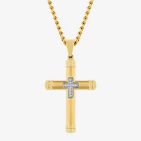 Mens Genuine White Diamond Stainless Steel Cross Rectangular Pendant