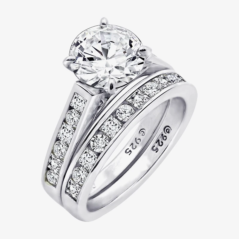 Diamonart Womens Cubic Zirconia Sterling Silver Round Side Stone Engagement Ring