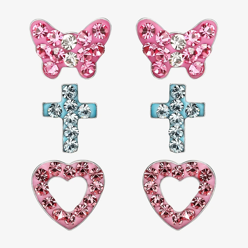 Girls Multi Color Crystal Sterling Silver Heart 3 Pair Earring Set