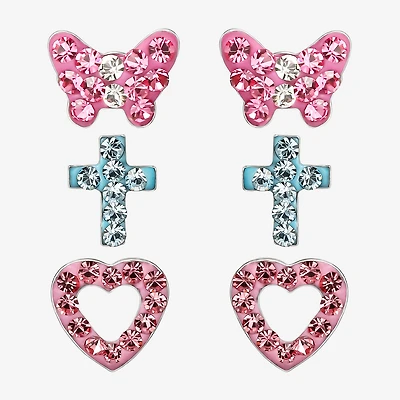 Girls Multi Color Crystal Sterling Silver Heart 3 Pair Earring Set