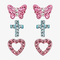 Girls Multi Color Crystal Sterling Silver Heart 3 Pair Earring Set