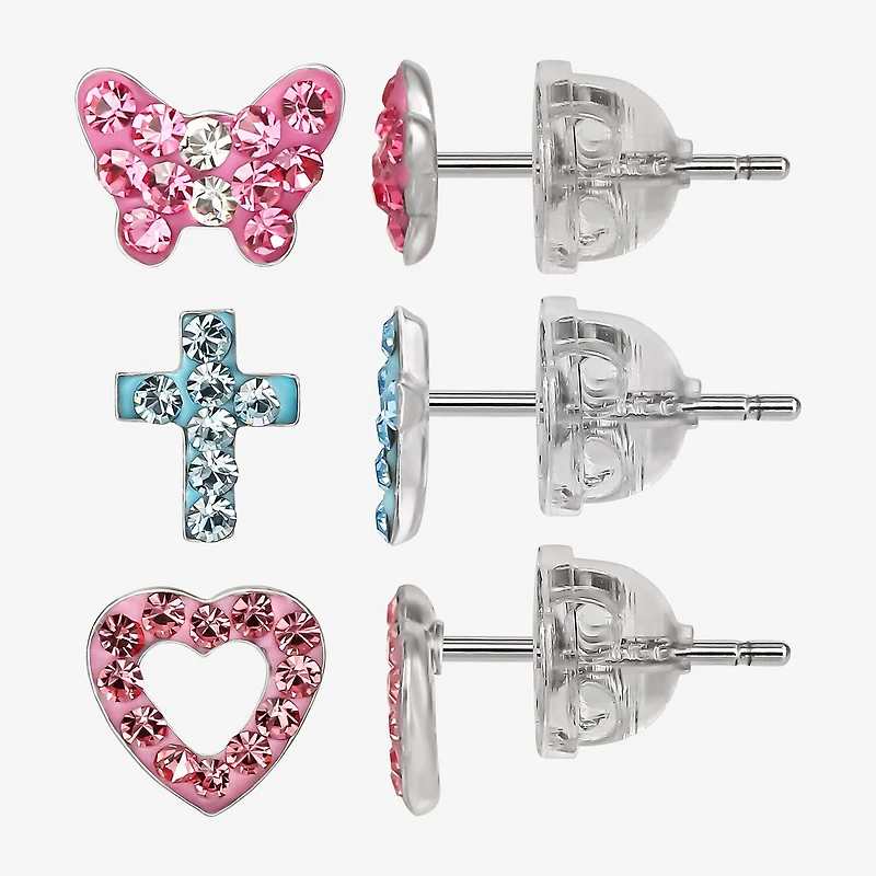 Girls Multi Color Crystal Sterling Silver Heart 3 Pair Earring Set