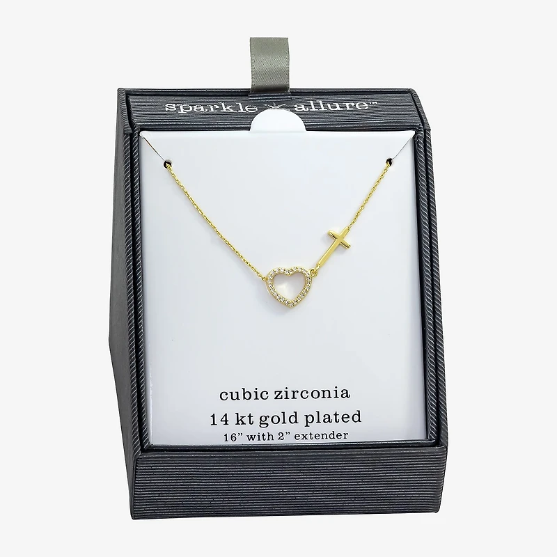 Sparkle Allure Womens Cubic Zirconia 14K Gold Over Brass Cross Heart 16 Inch Pendant Necklace