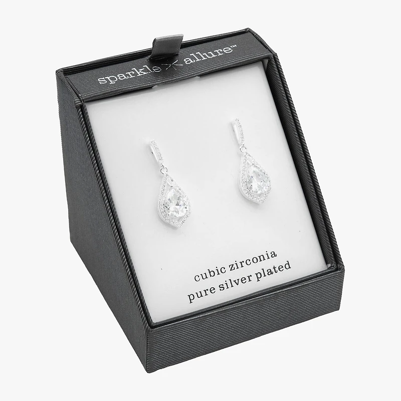 Sparkle Allure Halo Womens Cubic Zirconia Pure Silver Over Brass Drop Earrings