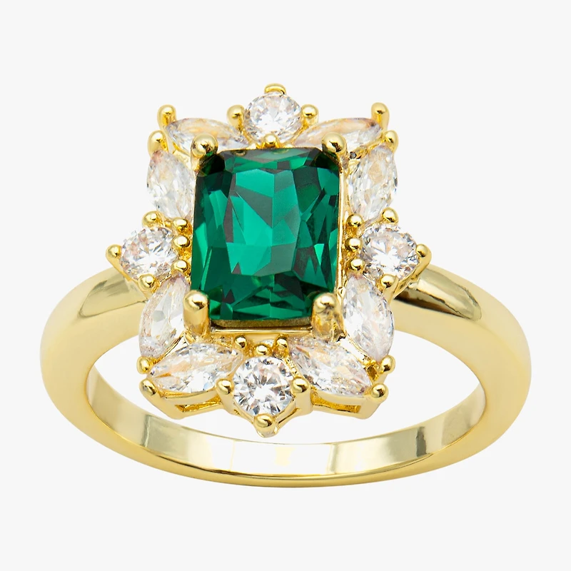 Sparkle Allure Womens Green Crystal 14K Gold Over Brass Rectangular Halo Cocktail Ring