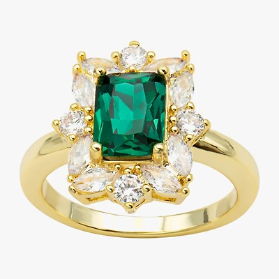Sparkle Allure Womens Green Crystal 14K Gold Over Brass Rectangular Halo Cocktail Ring