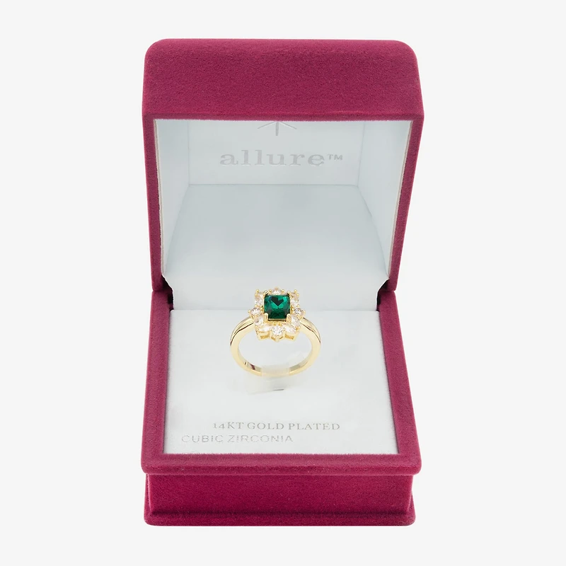 Sparkle Allure Womens Green Crystal 14K Gold Over Brass Rectangular Halo Cocktail Ring