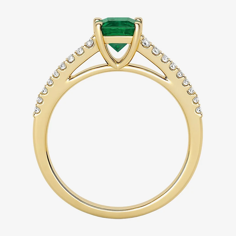 (I-J/I2-I3) Womens 1/5 CT. Genuine Green Emerald 10K Gold Side Stone Cocktail Ring