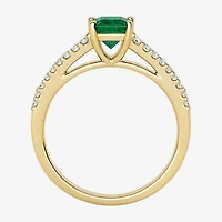 (I-J/I2-I3) Womens 1/5 CT. Genuine Green Emerald 10K Gold Side Stone Cocktail Ring