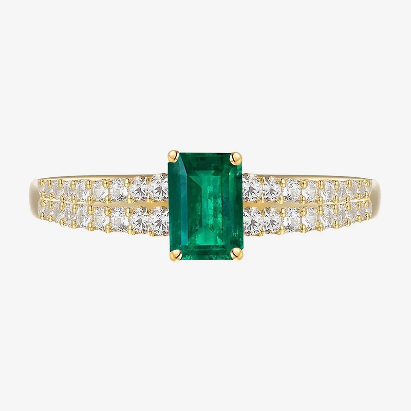(I-J/I2-I3) Womens 1/5 CT. Genuine Green Emerald 10K Gold Side Stone Cocktail Ring