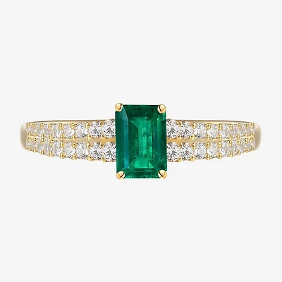 (I-J/I2-I3) Womens 1/5 CT. Genuine Green Emerald 10K Gold Side Stone Cocktail Ring