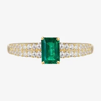 (I-J/I2-I3) Womens 1/5 CT. Genuine Green Emerald 10K Gold Side Stone Cocktail Ring