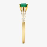 (I-J/I2-I3) Womens 1/5 CT. Genuine Green Emerald 10K Gold Side Stone Cocktail Ring