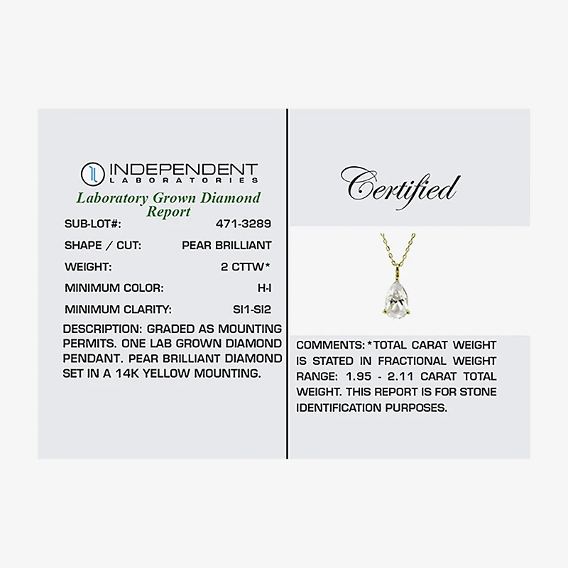 ( H-I/Si1-Si2 ) 2 CT. Lab-Grown Diamond 14K Gold Pear 18 Inch Pendant Necklace