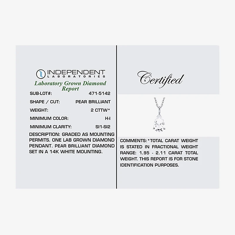 ( H-I/Si1-Si2 ) 2 CT. Lab-Grown Diamond 14K Gold Pear 18 Inch Pendant Necklace