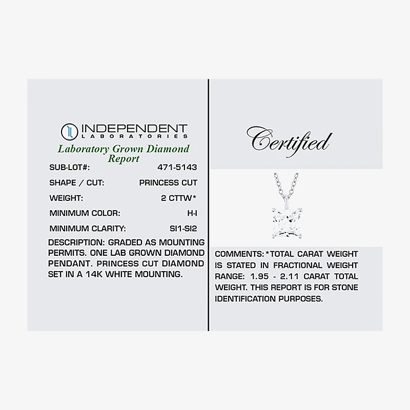 ( H-I/Si1-Si2 ) 2 CT. Lab-Grown Diamond 14K Gold Princess 18 Inch Pendant Necklace