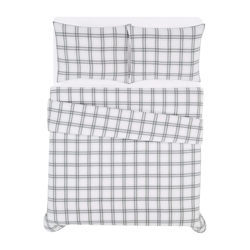 London Fog Grey Plaid Flannel Duvet Cover Set