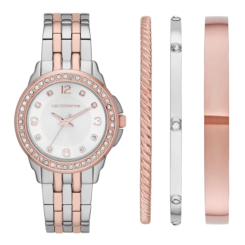 Liz Claiborne® Womens Crystal-Accent Two-Tone Watch and 3 Bangles