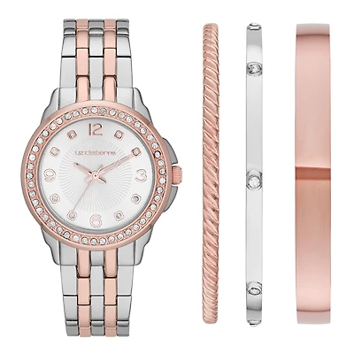 Liz Claiborne® Womens Crystal-Accent Two-Tone Watch and 3 Bangles
