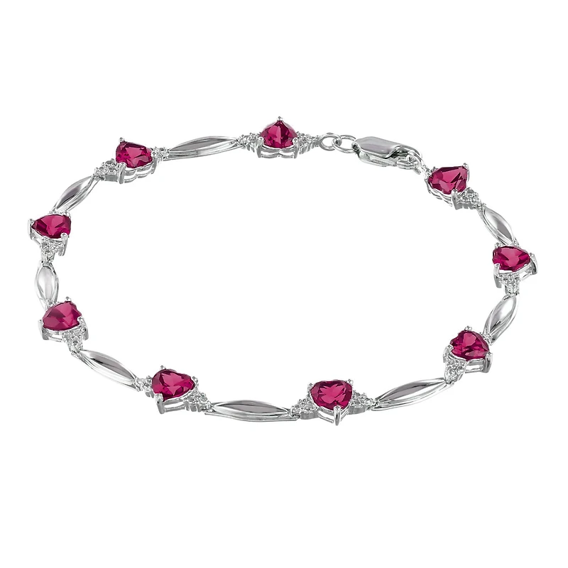 Lab-Created Ruby Heart-Shaped Sterling Silver Bracelet